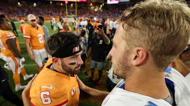 Detroit Lions quarterback Jared Goff greets Baker Mayfield